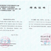 Сертификат о прохождении стажировки в Китае (2013-2014 гг.)