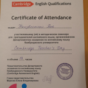 Сертификат "Cambridge Teacher's Day"