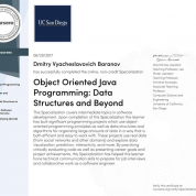 Сертификат специализации UC San Diego (США) по ООП и структурам данных на Java, учебная программа из 5 курсов.