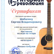 Сертификат наставника по игре на гитаре Академии Наставников