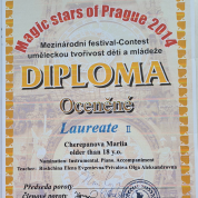 Диплом лауреата 2 степени международного конкурса "Magic stars of Prague", г.Прага, Чехия.