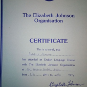 Сертификат о прохождении языковых курсов в Англии в Elizabeth Johnson Organisation
