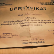 Сертификат о прохождении стажировки в Высшей школе экономики в Быдгоще